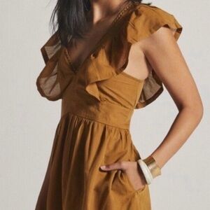 ANTHROPOLOGIE Golden Turmeric Plunge V-Neck Tunic Mini Dress | Spring Summer